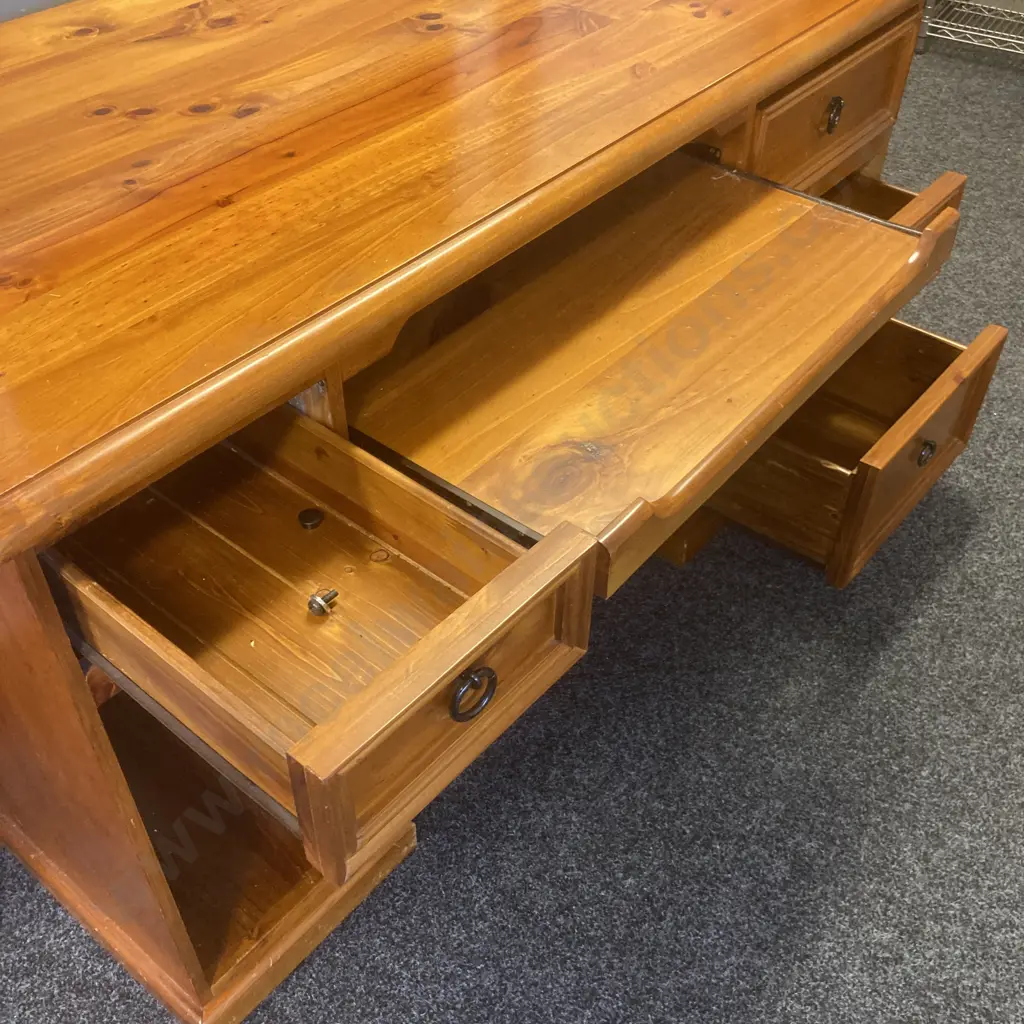 Pine Desk, 4 Drawer, PC Box Shelf, Pull Out Keyboard Slide, Black Ring Handles. H76 W139 D69cm Image 1++