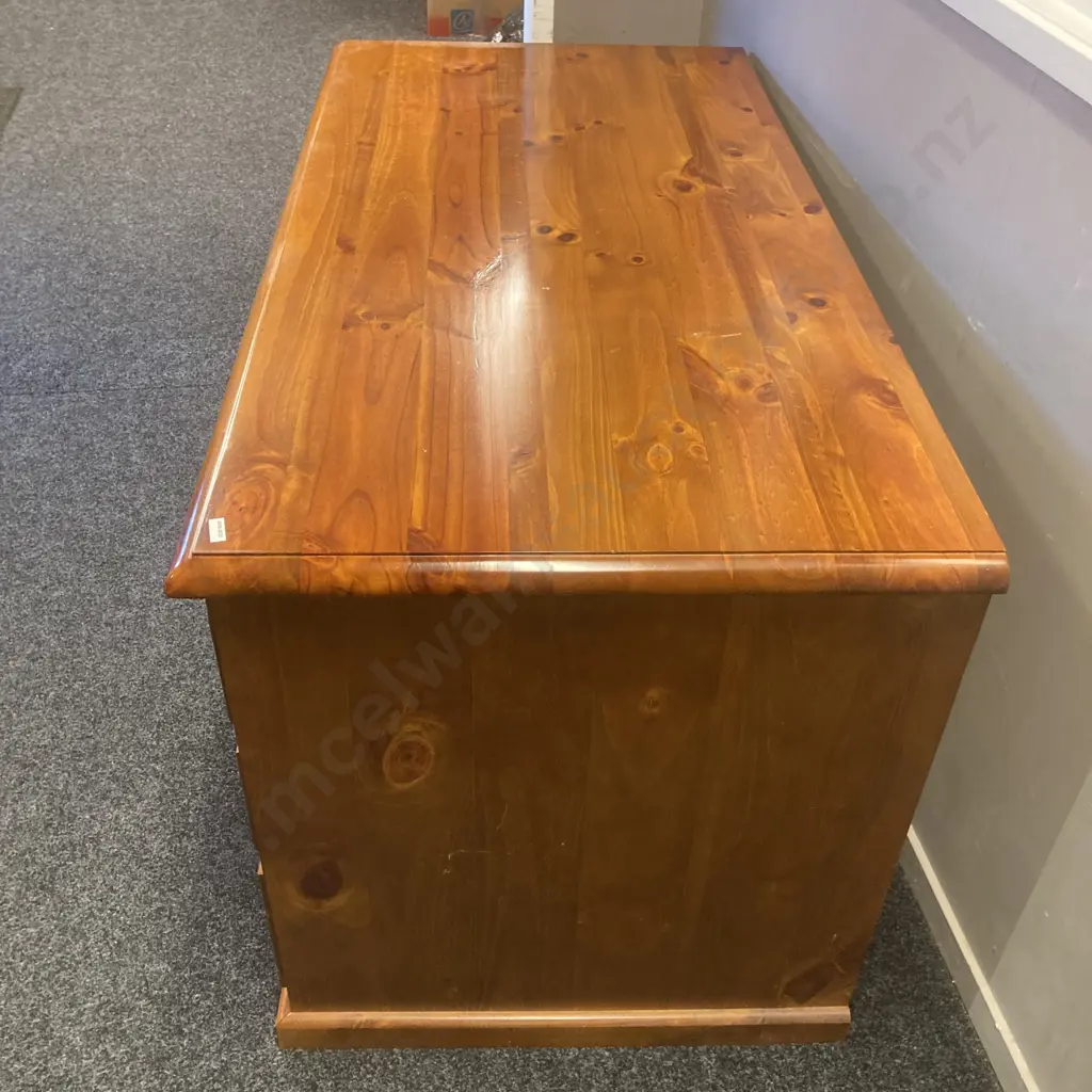 Pine Desk, 4 Drawer, PC Box Shelf, Pull Out Keyboard Slide, Black Ring Handles. H76 W139 D69cm Image 1++