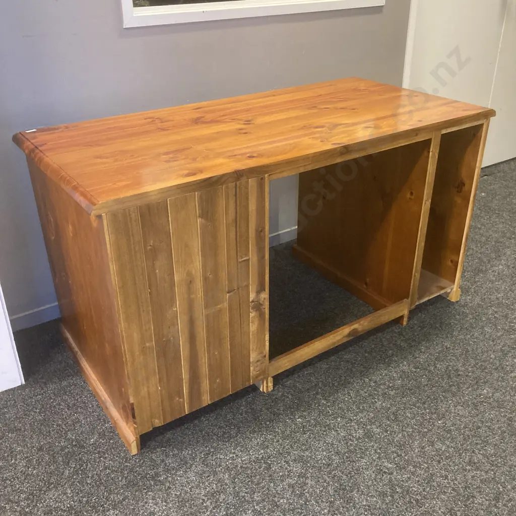 Pine Desk, 4 Drawer, PC Box Shelf, Pull Out Keyboard Slide, Black Ring Handles. H76 W139 D69cm Image 1++