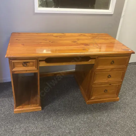 Pine Desk, 4 Drawer, PC Box Shelf, Pull Out Keyboard Slide, Black Ring Handles. H76 W139 D69cm