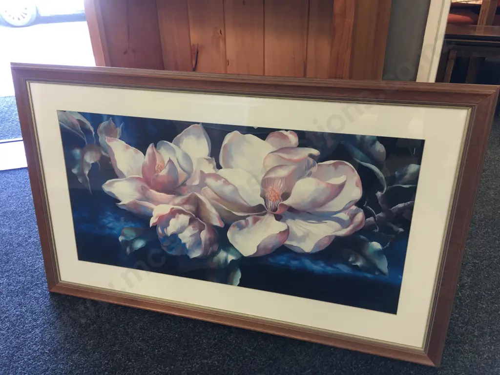 Large Magnolia Blooms Framed Artwork Signed Horning H40,W46cm. Image 1++