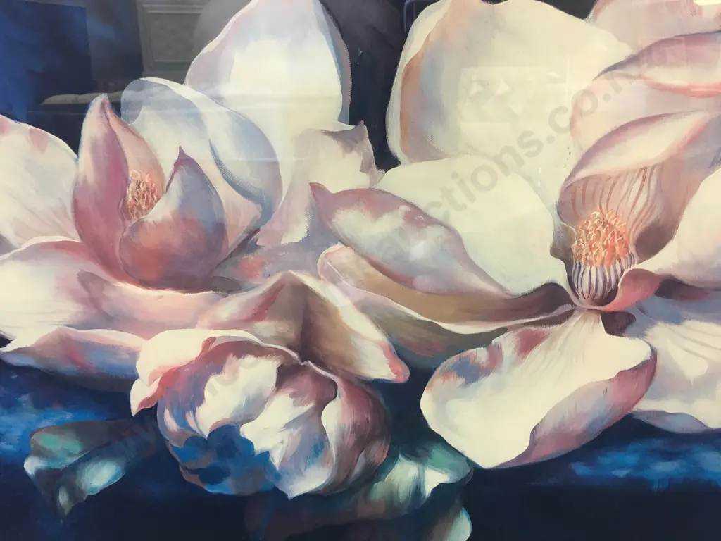 Large Magnolia Blooms Framed Artwork Signed Horning H40,W46cm. Image 1++