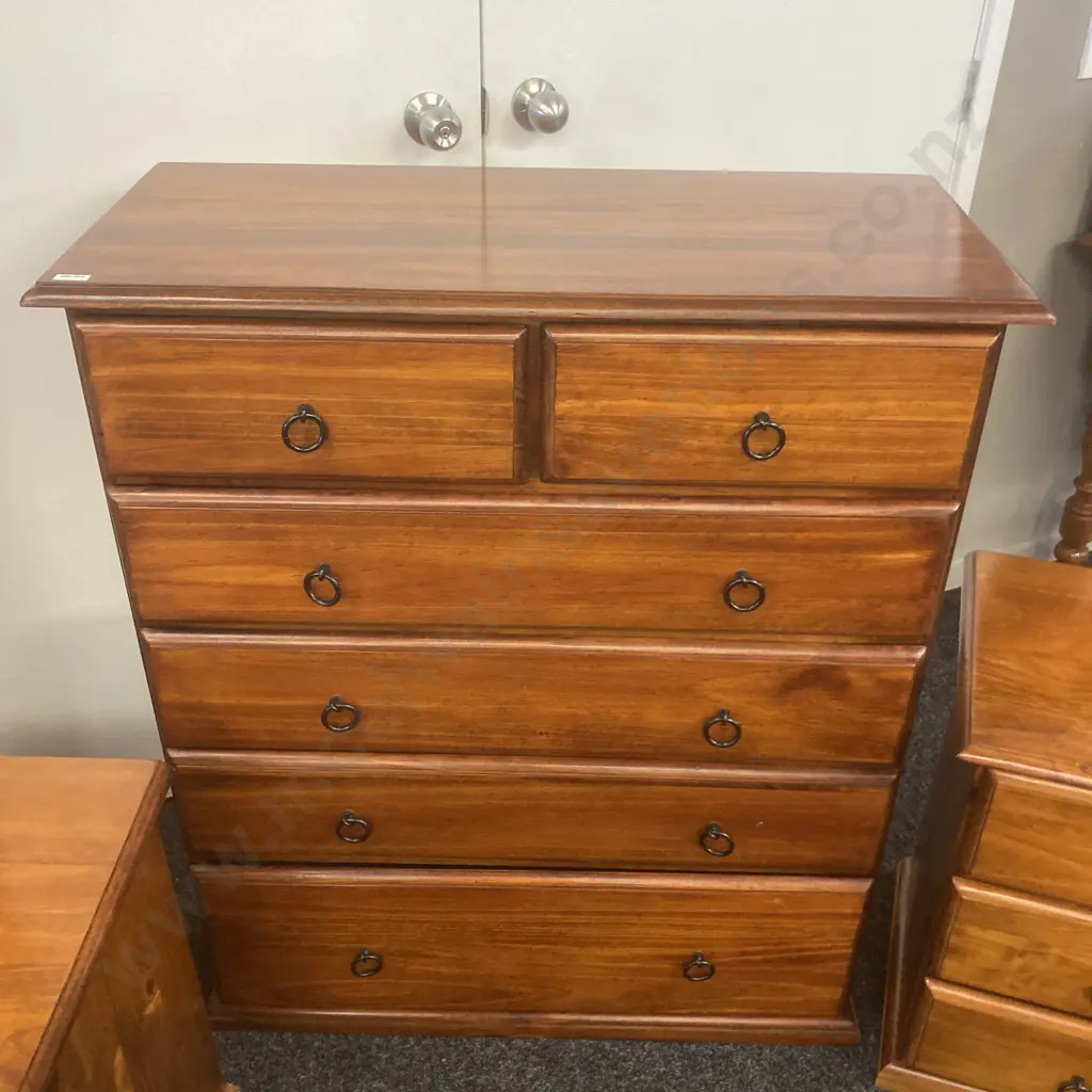 Pine Bedroom Suite - 6 Drawer Scotch Chest & Pair of 3 Drawer Bedsides. Black Ring Handles Image 1++