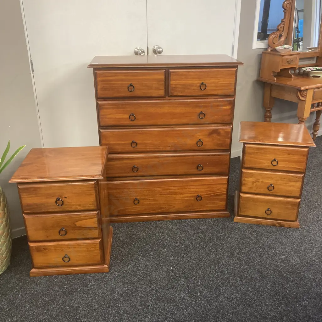 Pine Bedroom Suite - 6 Drawer Scotch Chest & Pair of 3 Drawer Bedsides. Black Ring Handles Image 1++