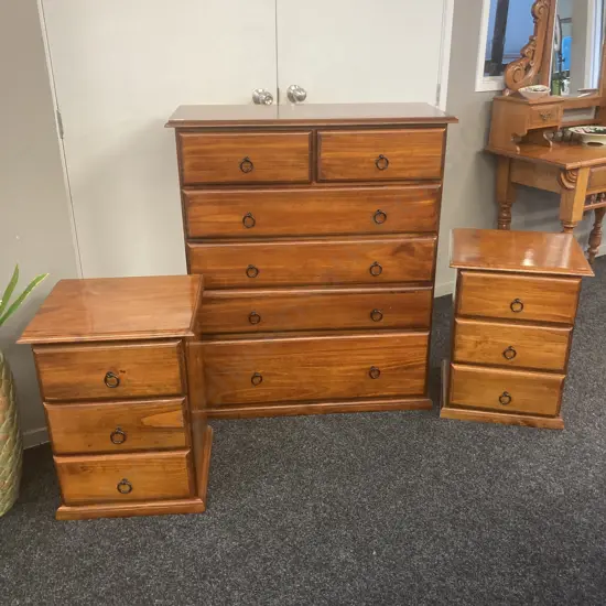 Pine Bedroom Suite - 6 Drawer Scotch Chest & Pair of 3 Drawer Bedsides. Black Ring Handles