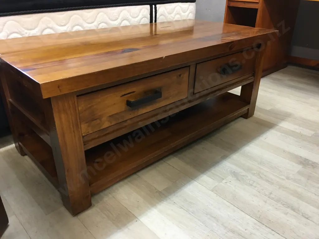 Wooden Coffee Table, 2 Drawers, Black Steel Rectangular Handles. H49 W120 D60cm Image 1++