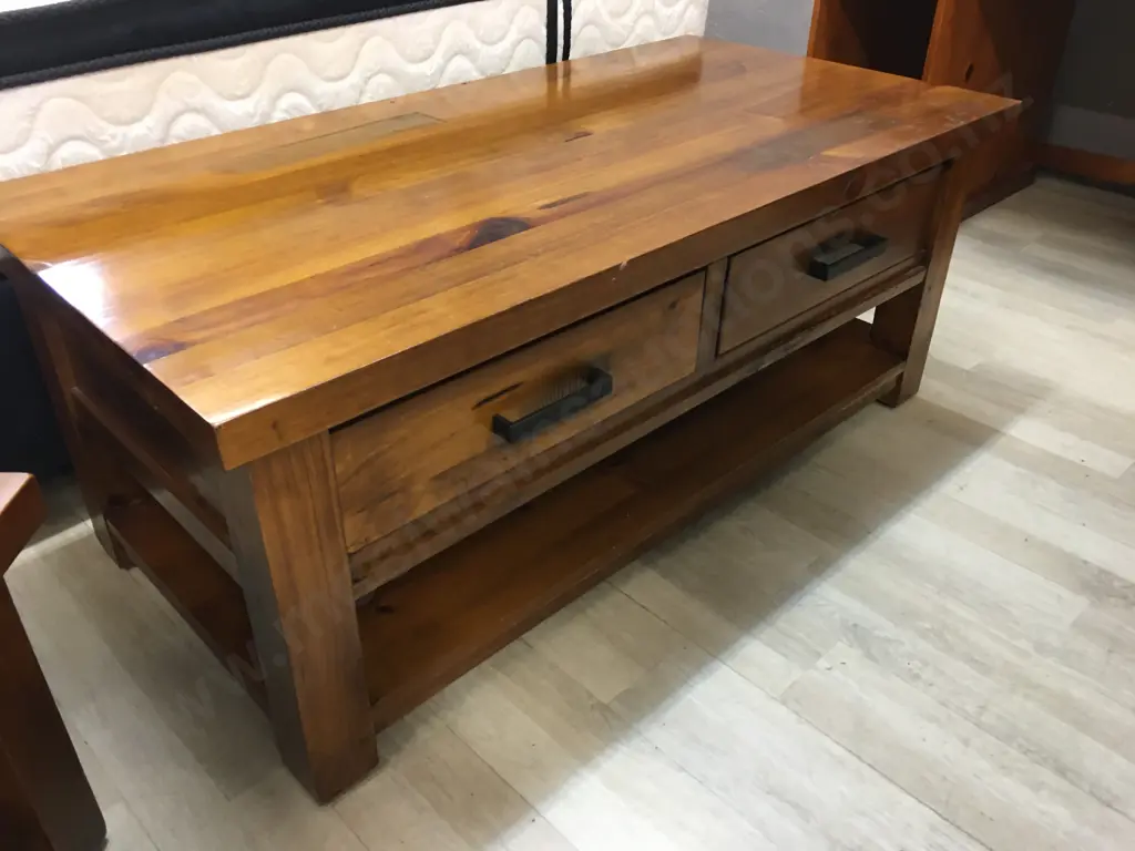Wooden Coffee Table, 2 Drawers, Black Steel Rectangular Handles. H49 W120 D60cm Image 1++