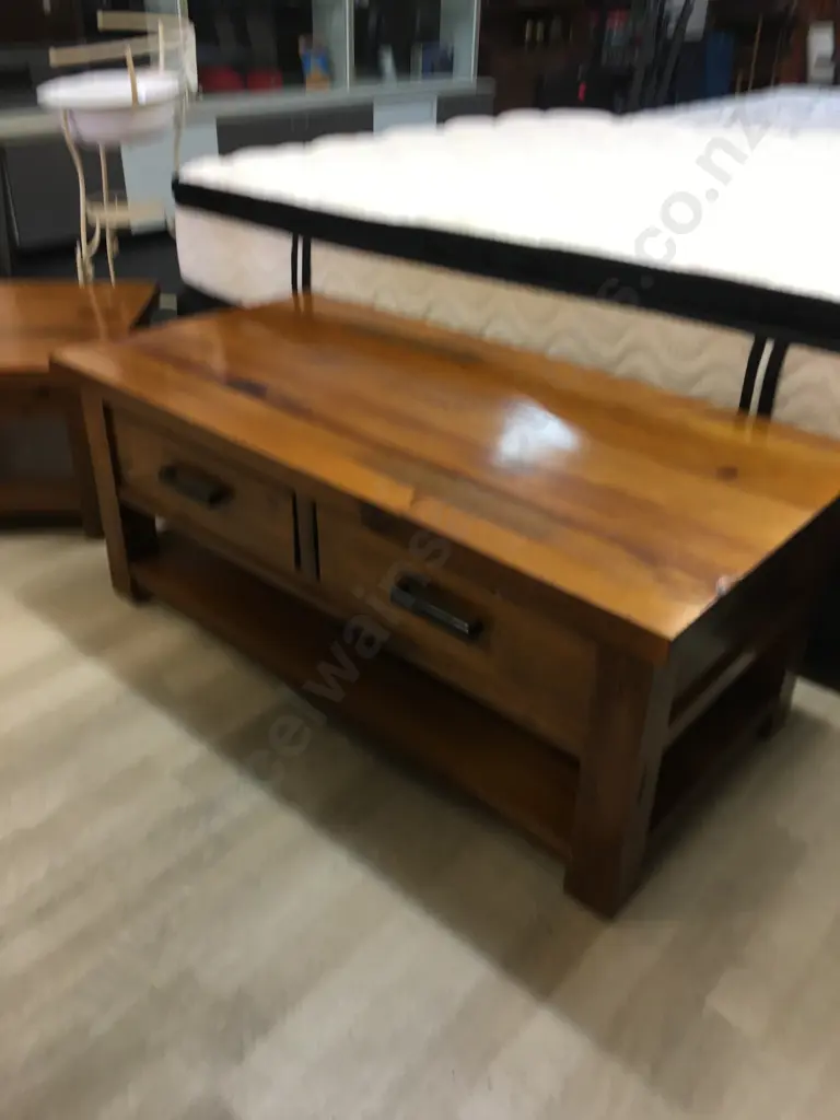 Wooden Coffee Table, 2 Drawers, Black Steel Rectangular Handles. H49 W120 D60cm Image 1++