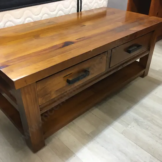 Wooden Coffee Table, 2 Drawers, Black Steel Rectangular Handles. H49 W120 D60cm