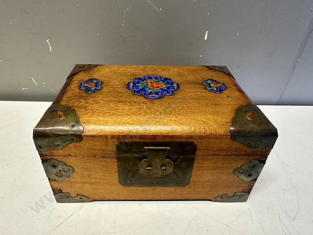 Vintage Wooden Chinese Jewellery Box With Brass Detail & Motifs H11,W23,D17cm. Image 1++