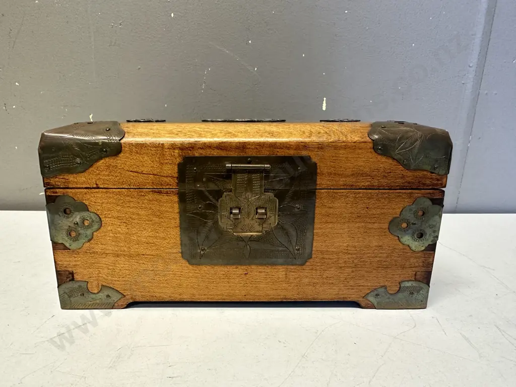 Vintage Wooden Chinese Jewellery Box With Brass Detail & Motifs H11,W23,D17cm. Image 1++