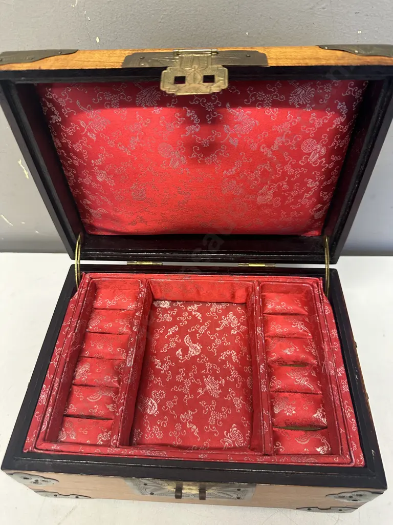 Vintage Wooden Chinese Jewellery Box With Brass Detail & Motifs H11,W23,D17cm. Image 1++