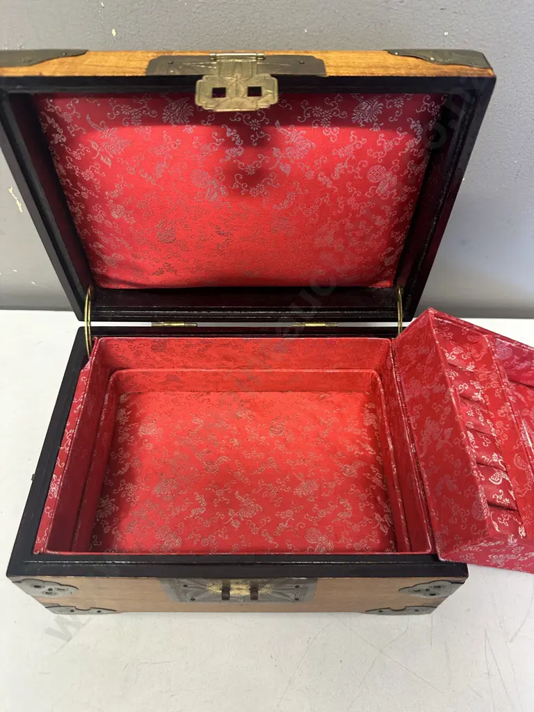 Vintage Wooden Chinese Jewellery Box With Brass Detail & Motifs H11,W23,D17cm. Image 1++