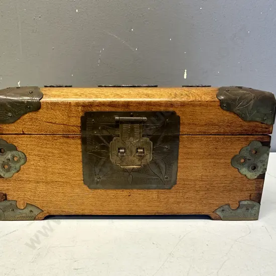 Vintage Wooden Chinese Jewellery Box With Brass Detail & Motifs H11,W23,D17cm.