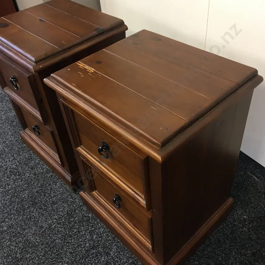 Pair of Wooden 2 Drawer Bedsides, Black Steel Ring Handles Image 1++
