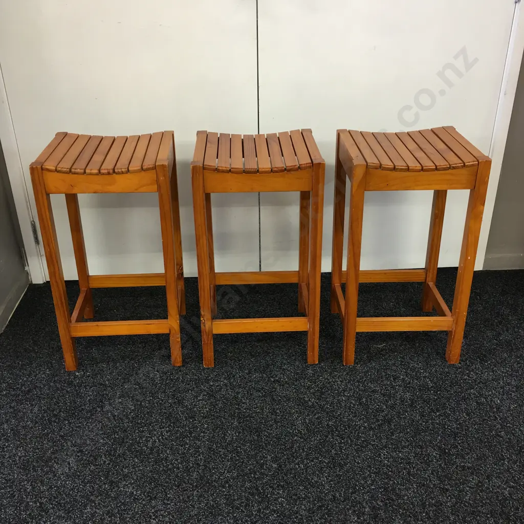 Set of 3 Wooden Slat Kitchen Stools With Curved Seats. H65cm Image 1++