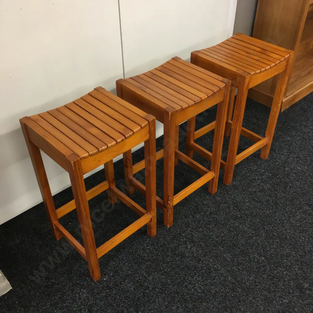 Set of 3 Wooden Slat Kitchen Stools With Curved Seats. H65cm Image 1++