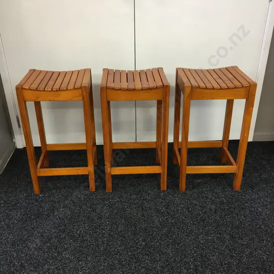 Set of 3 Wooden Slat Kitchen Stools With Curved Seats. H65cm