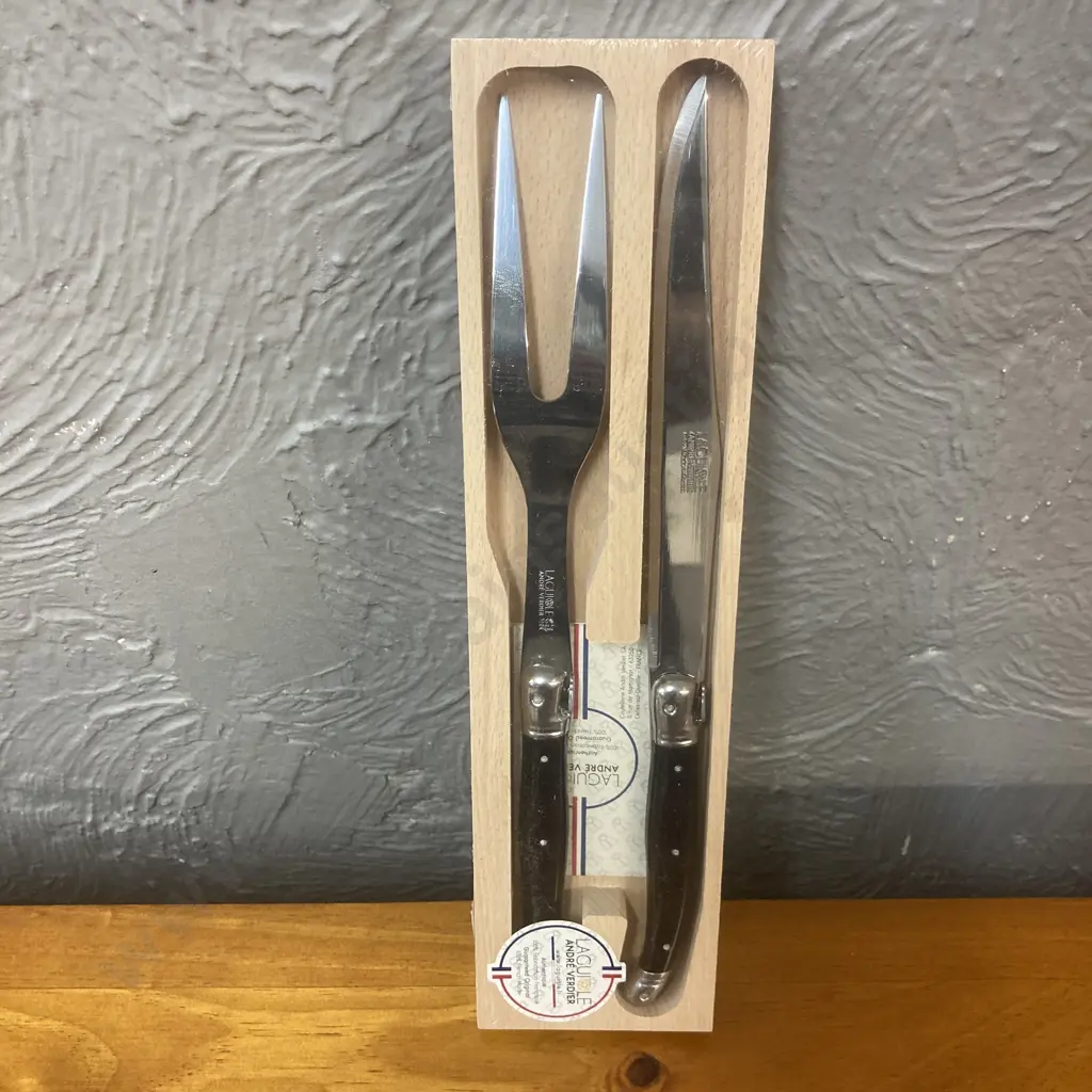 Giftboxed Andre Verdier Laguiole Carving Set with Black Resin Handles. Image 1++