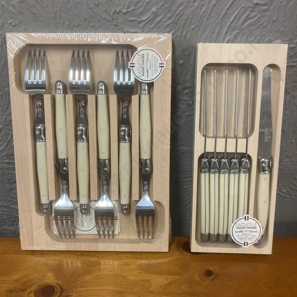 Giftboxed Set of 6 Andre Verdier Laguiole Table Forks & Set of 6 Table Knives with Ivory Resin Handles. Image 1++