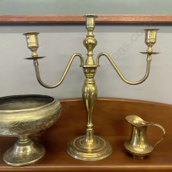 Selection Of Brass Items Including Three Arm Brass Candle Holder