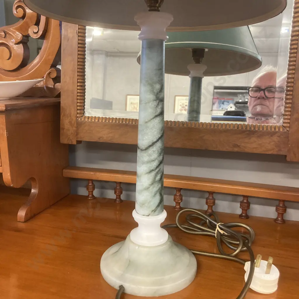 Green & White Marble Table Lamp With Green Shade. H54cm Image 1++