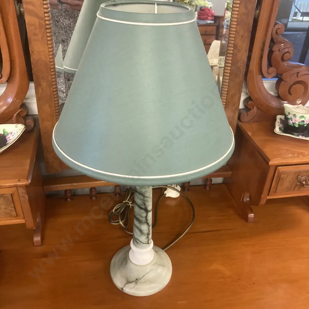 Green & White Marble Table Lamp With Green Shade. H54cm Image 1++