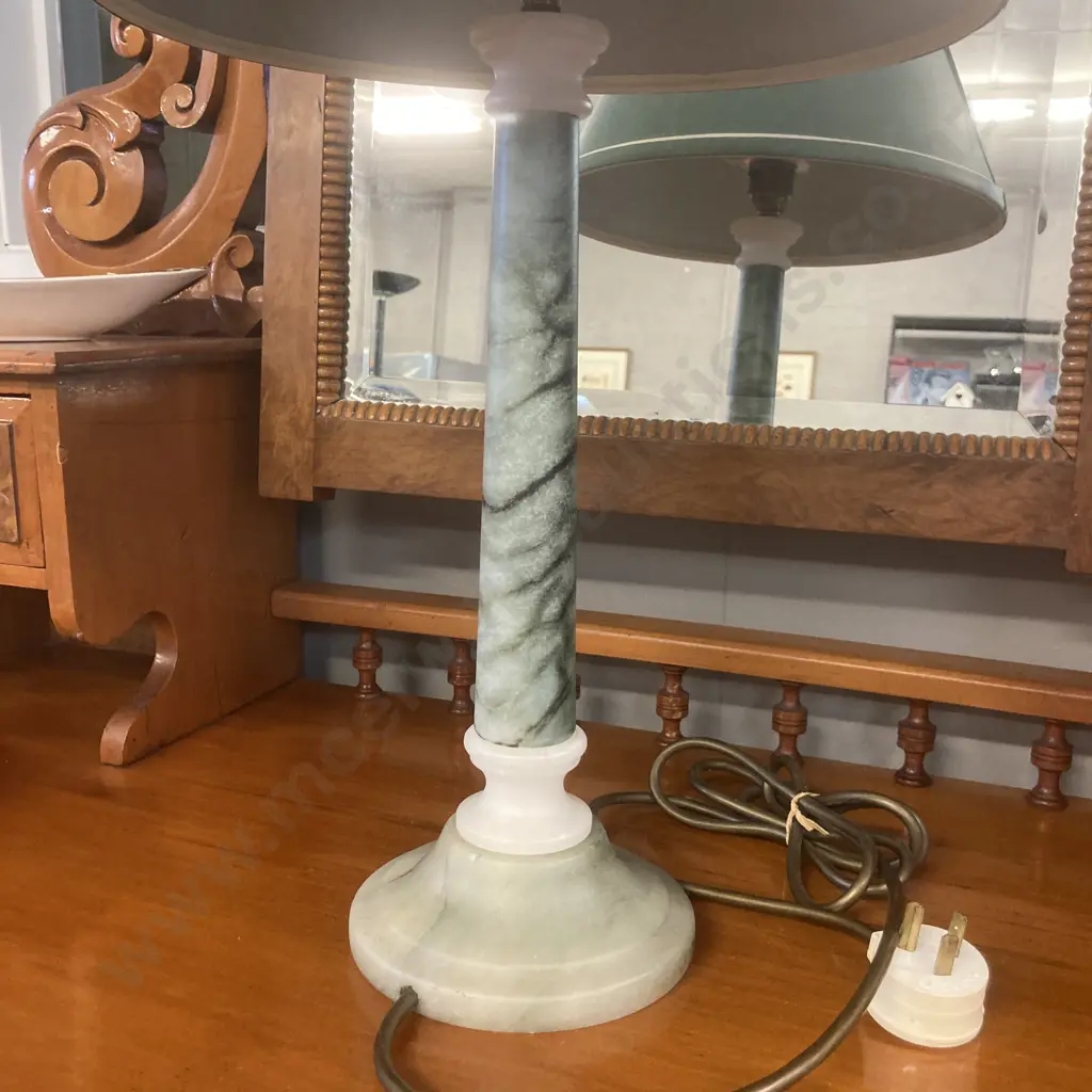 Green & White Marble Table Lamp With Green Shade. H54cm Image 1++