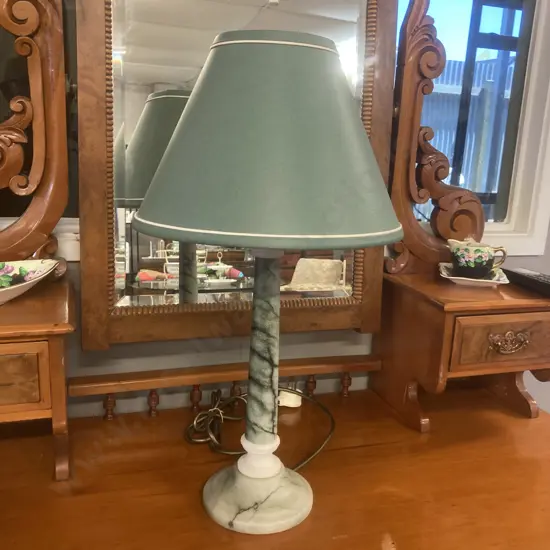Green & White Marble Table Lamp With Green Shade. H54cm