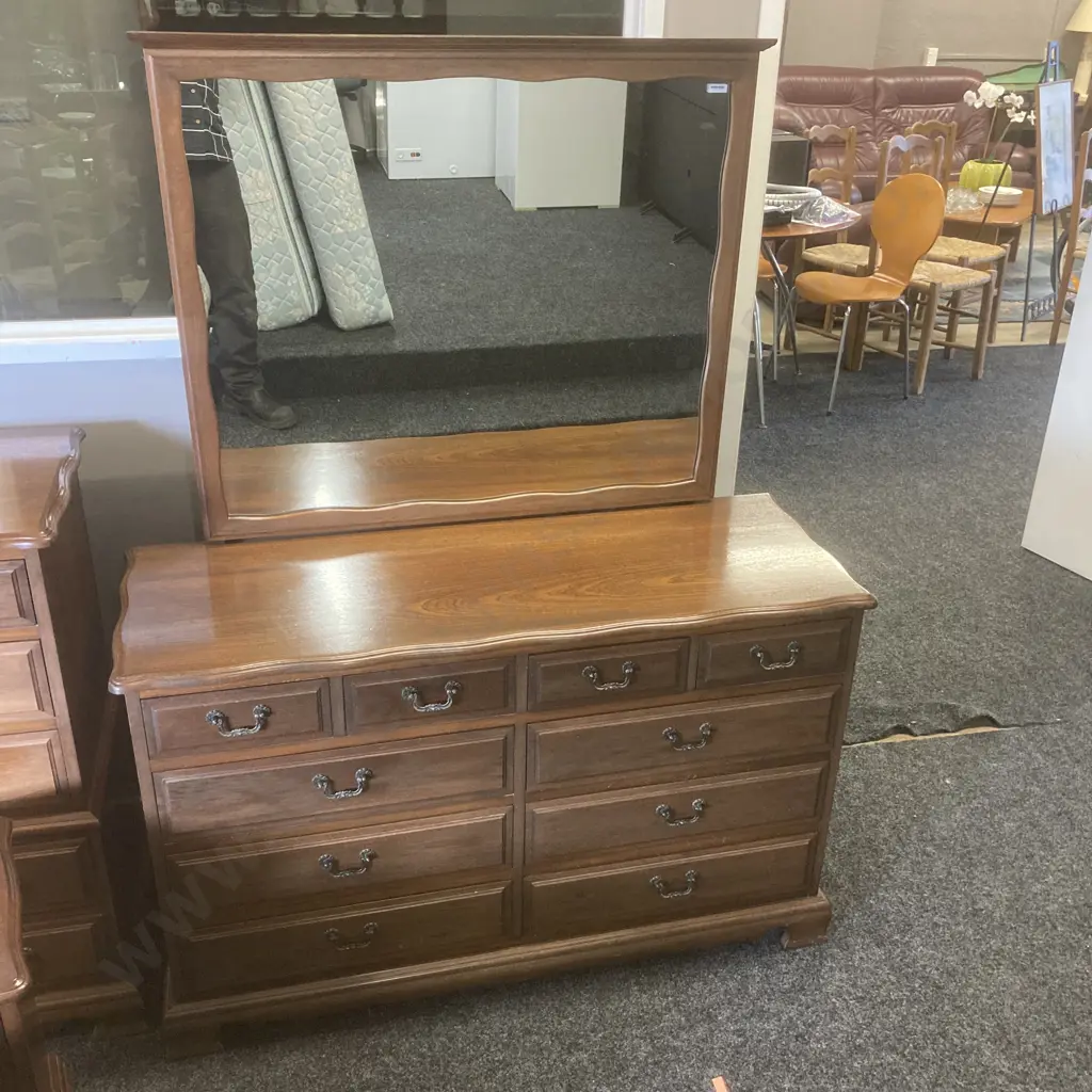 Mahogany Bedroom Suite - Pair of 3 Drawer Bedsides, 5 Drawer Tallboy, 10 Drawer Dressing Table With Fixed Mirror Image 1++