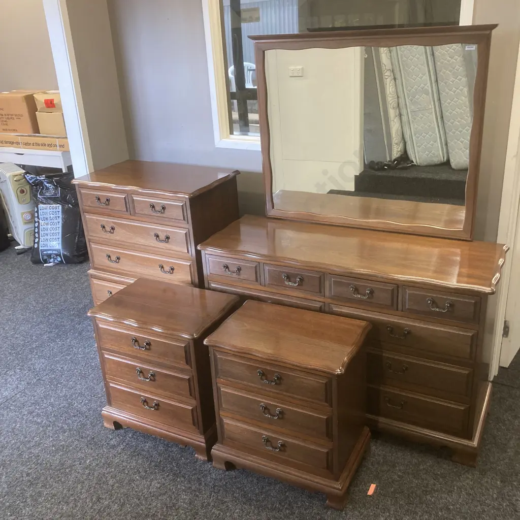 Mahogany Bedroom Suite - Pair of 3 Drawer Bedsides, 5 Drawer Tallboy, 10 Drawer Dressing Table With Fixed Mirror Image 1++