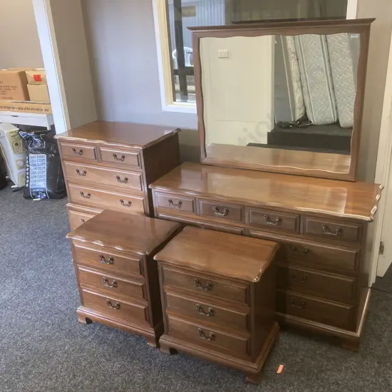 Mahogany Bedroom Suite - Pair of 3 Drawer Bedsides, 5 Drawer Tallboy, 10 Drawer Dressing Table With Fixed Mirror