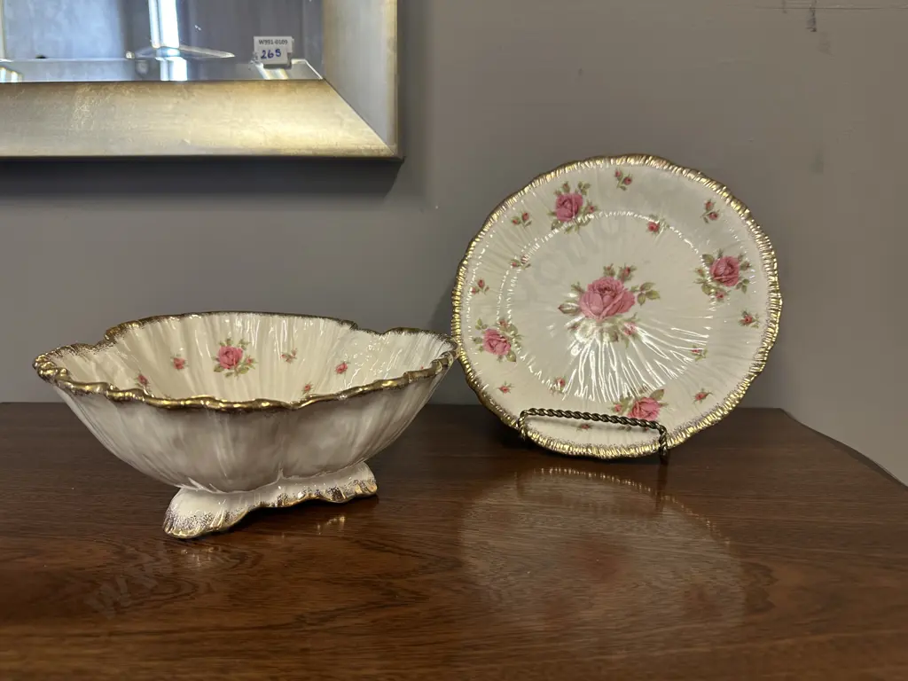 Vintage Crown Ducal Chinaware Rose Pattern Footed Bowl & Plate Image 1++