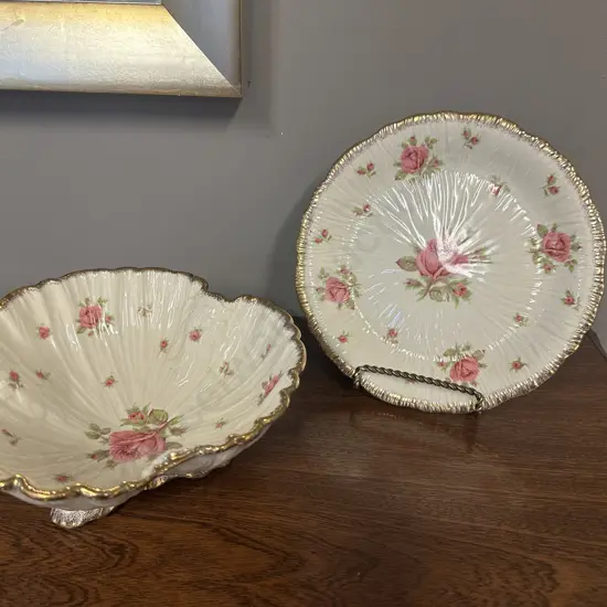 Vintage Crown Ducal Chinaware Rose Pattern Footed Bowl & Plate