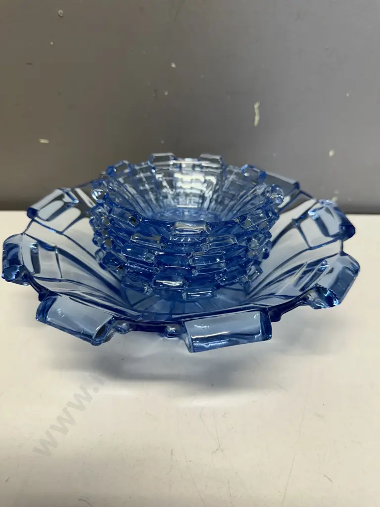 Art Deco Blue Glass Serving Bowl & Six Dessert Bowls Image 1++