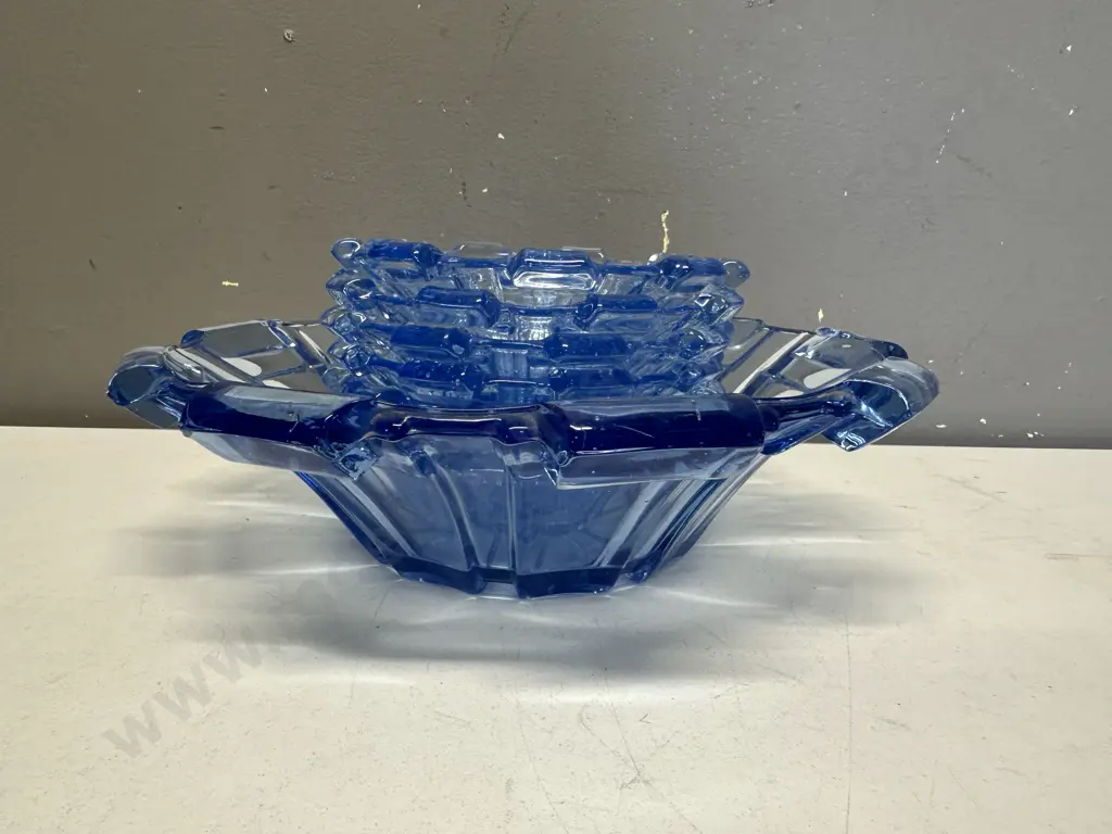 Art Deco Blue Glass Serving Bowl & Six Dessert Bowls Image 1++