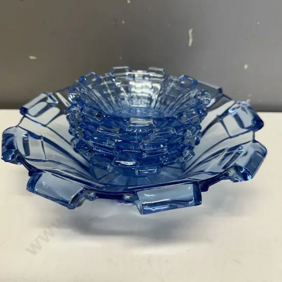 Art Deco Blue Glass Serving Bowl & Six Dessert Bowls