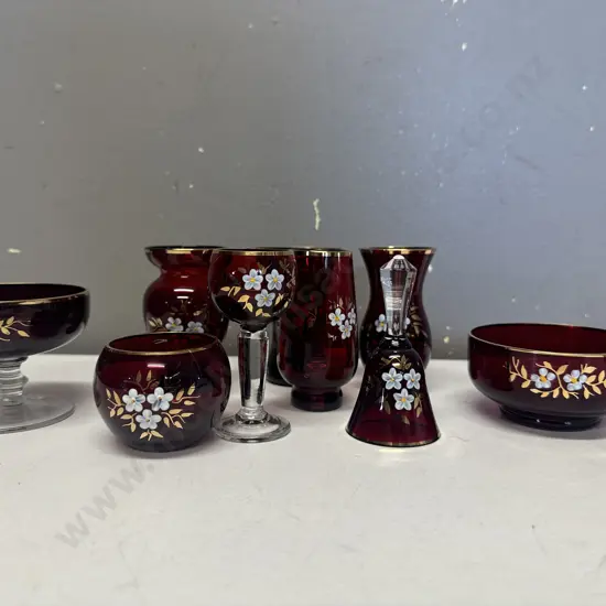 Vintage Hand Painted Ruby Bohemia Glass Items 