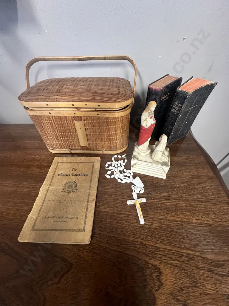 Selection Of Religous Items & Cane Lidded Storage Basket Image 1++