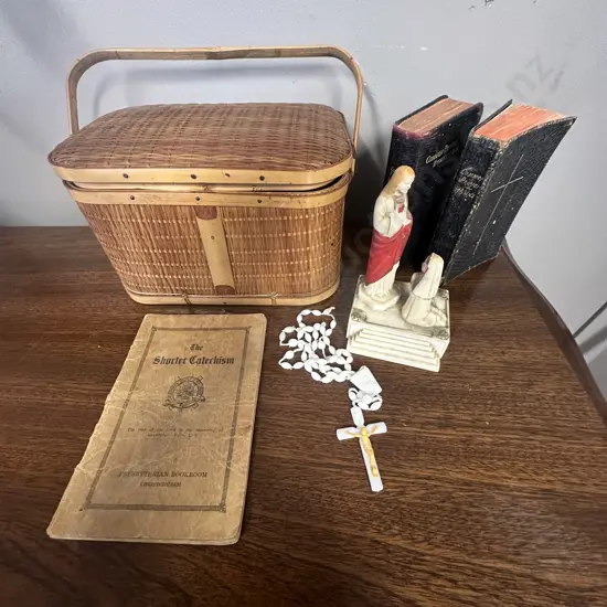 Selection Of Religous Items & Cane Lidded Storage Basket