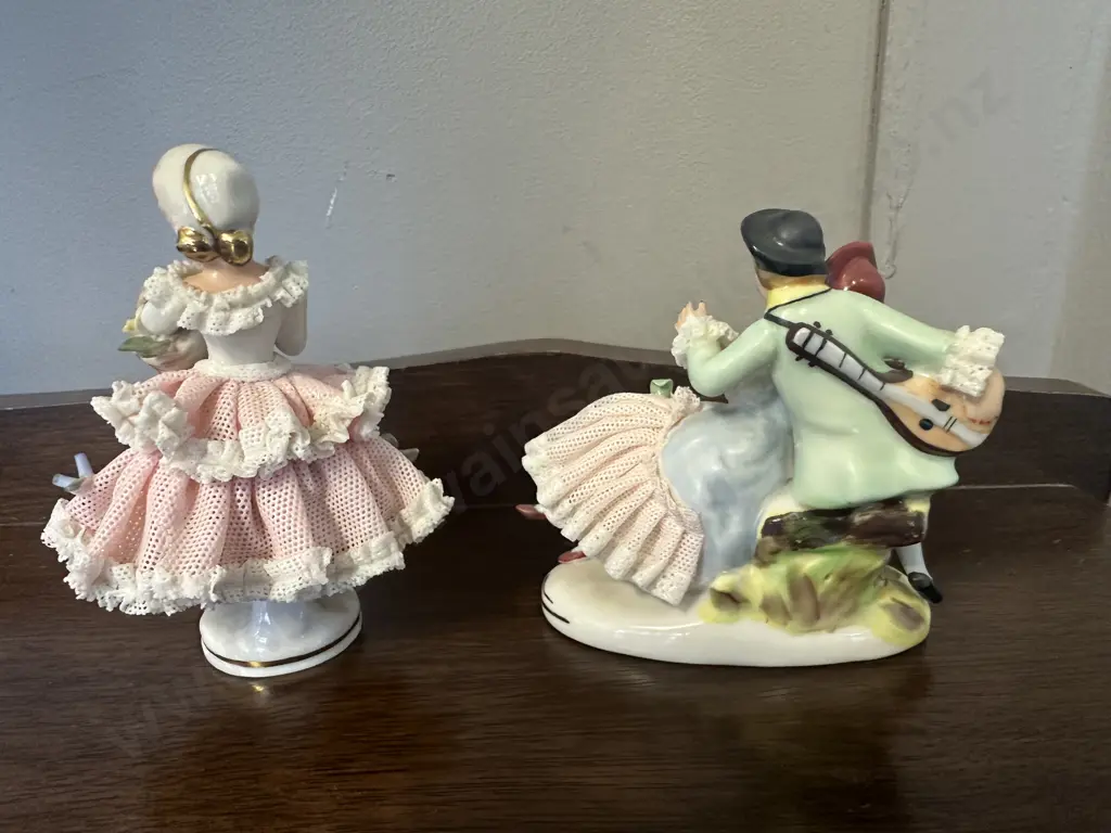 Antique German Dresden Lace Porcelain Lady With Flowers. H9.5cm & Small Meissen German Porcelain Figurine Image 1++