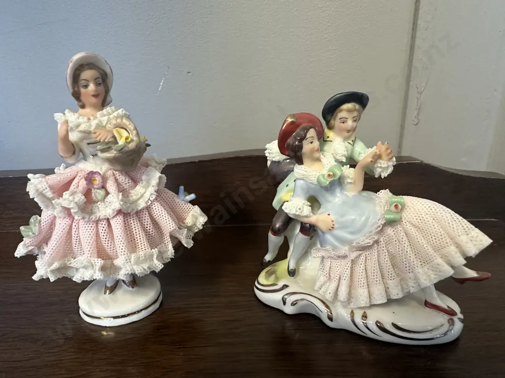 Antique German Dresden Lace Porcelain Lady With Flowers. H9.5cm & Small Meissen German Porcelain Figurine Image 1++