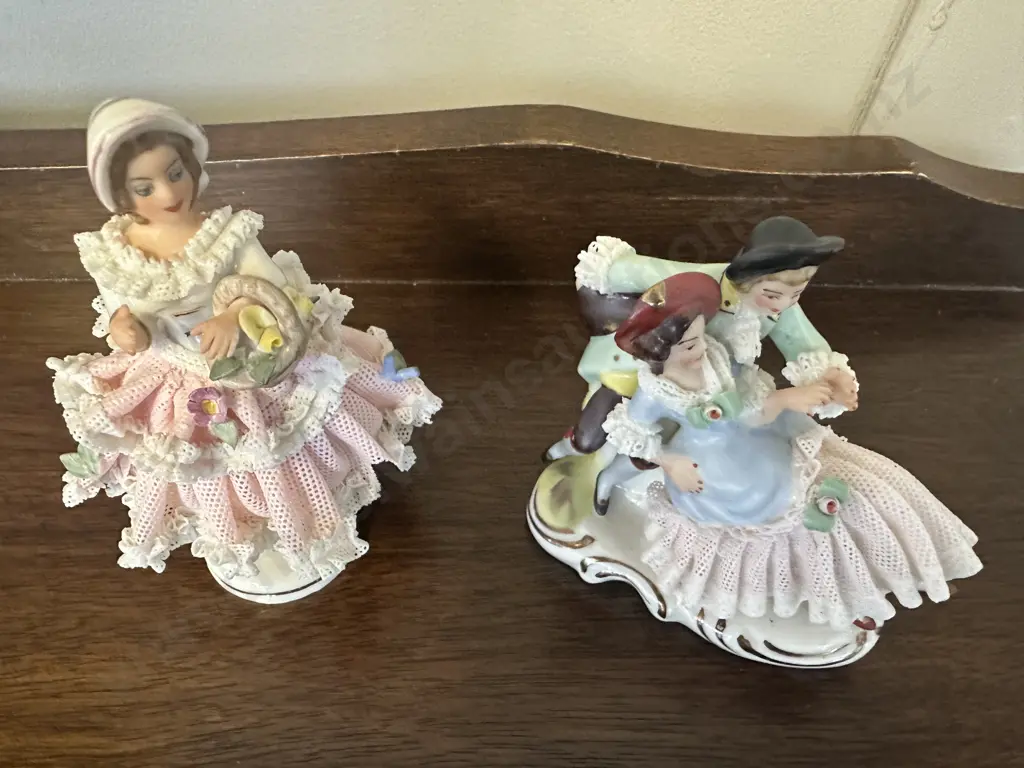 Antique German Dresden Lace Porcelain Lady With Flowers. H9.5cm & Small Meissen German Porcelain Figurine Image 1++