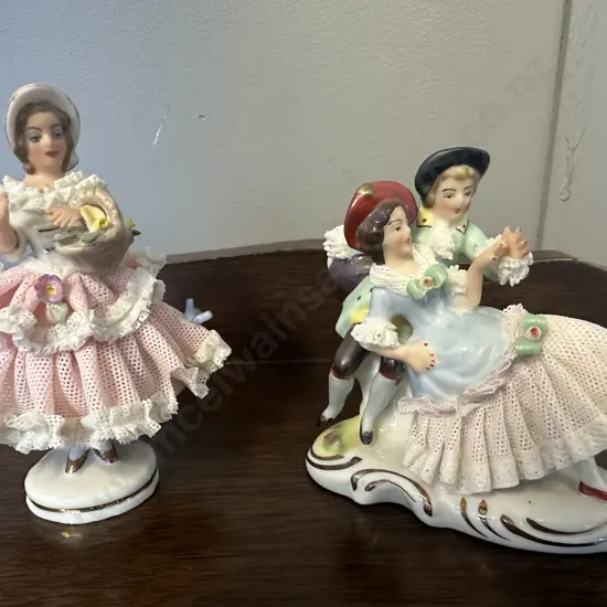 Antique German Dresden Lace Porcelain Lady With Flowers. H9.5cm & Small Meissen German Porcelain Figurine