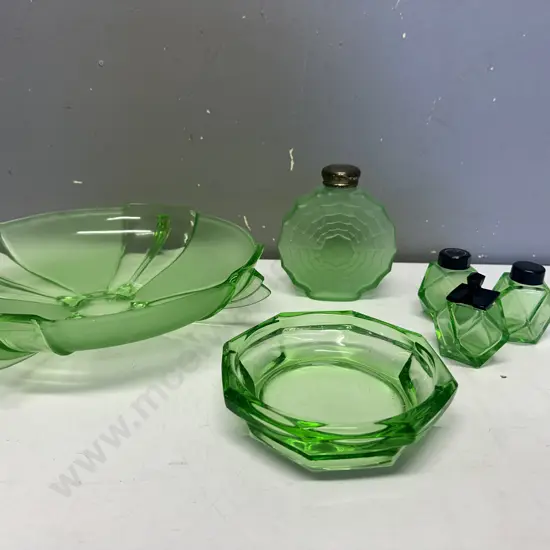 Art Deco Green Glass Fruit Bowl, Condiments Etc
