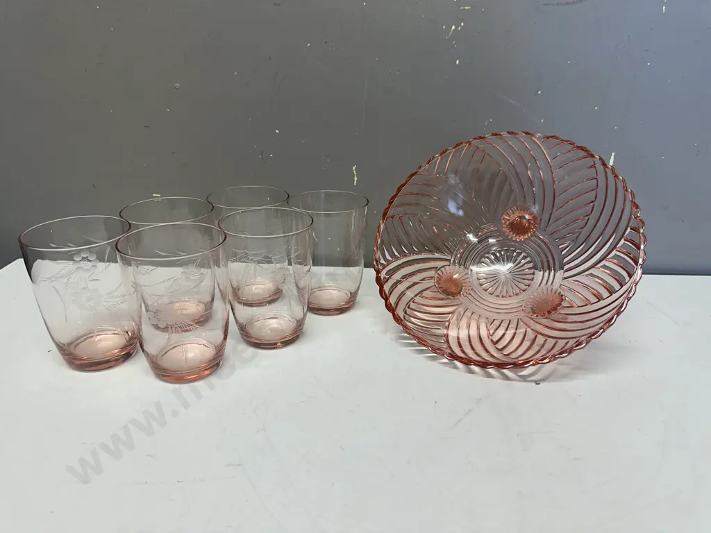 Set Of Six Crystal Pink Etched Glasses & Depression Glass Footed Bowl Image 1++