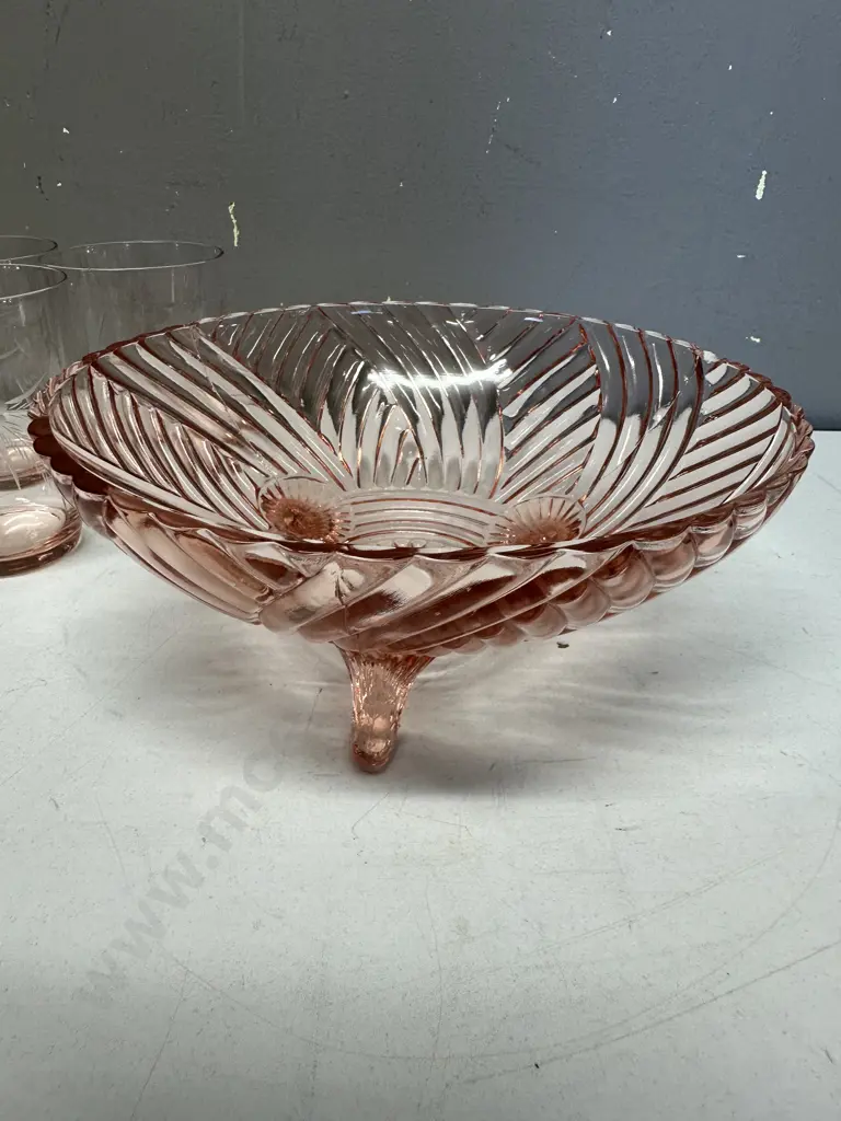 Set Of Six Crystal Pink Etched Glasses & Depression Glass Footed Bowl Image 1++