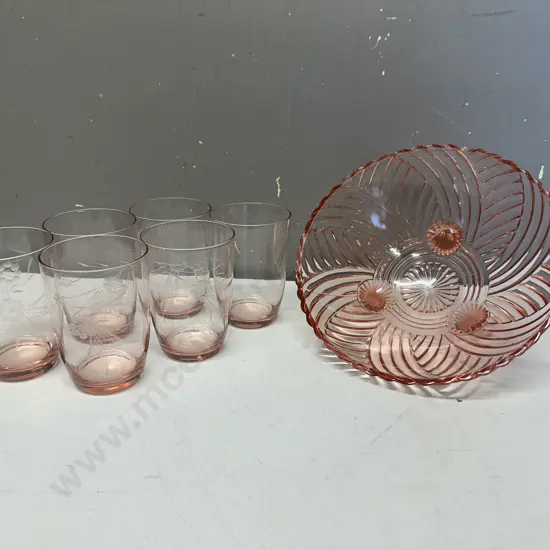Set Of Six Crystal Pink Etched Glasses & Depression Glass Footed Bowl