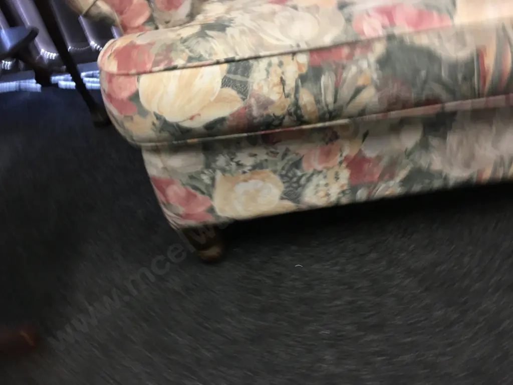 Three Seater Sofa, Pastel Floral Patterned Fabric, Rolled Arms, Turned Wooden Feet. L205cm Image 1++