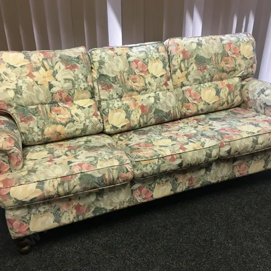 Three Seater Sofa, Pastel Floral Patterned Fabric, Rolled Arms, Turned Wooden Feet. L205cm